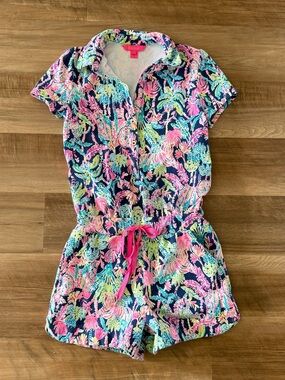 Lilly Pulitzer Navy Tropical Print Romper with Pink Drawstring
